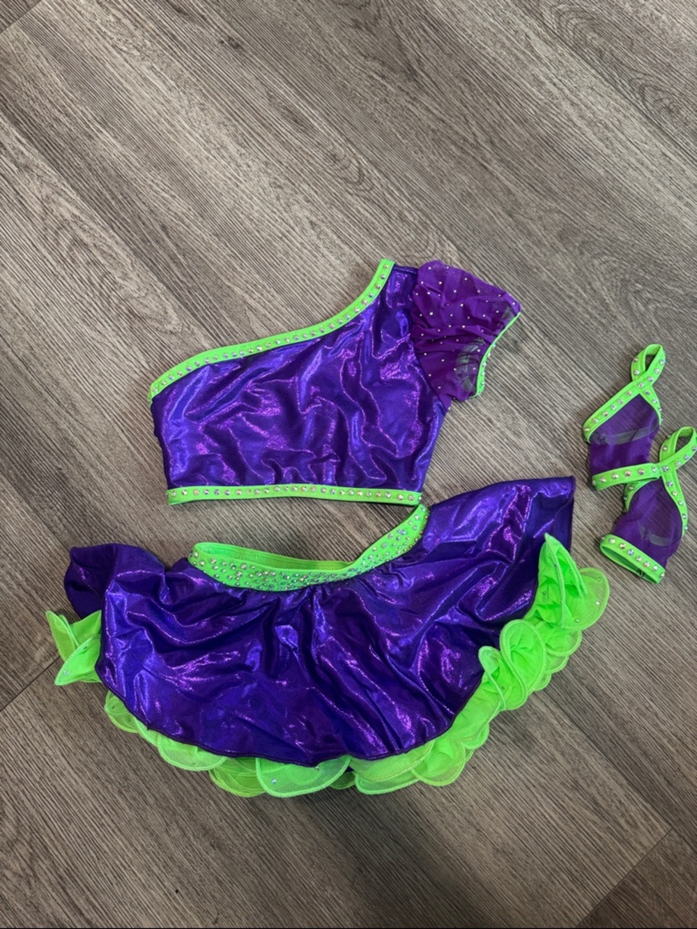 Purple and Lime Girls' Dance Costume Set - One-Shoulder Top & Ruffle Skirt